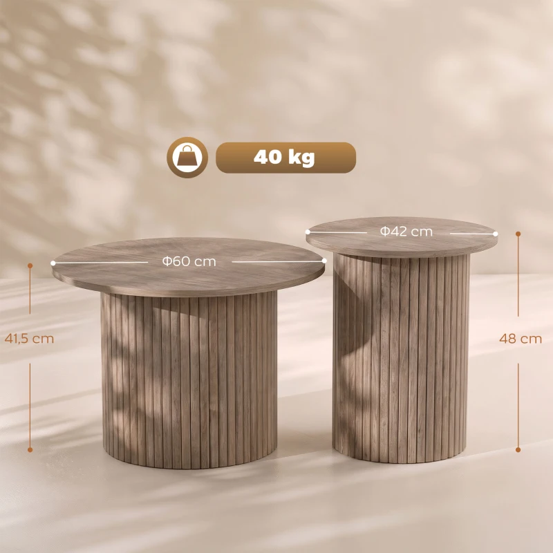 HOMCOM Lot de 2 Tables Basses Rondes en Bois, Table d'Appoint Moderne avec Base en Colonne Cannelée, Effet Bois Café Vieilli