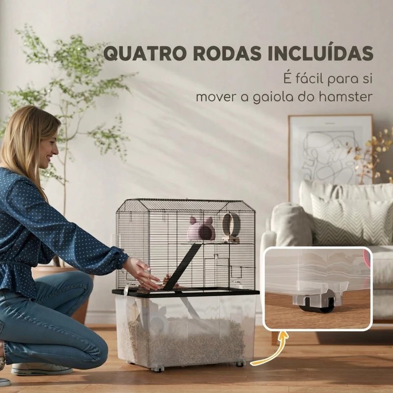 PawHut Gaiola para Hamster com Base Funda, Plataforma, Comedouro, Bebedouro, Rampa e Rodas 57x43x74 cm Preto