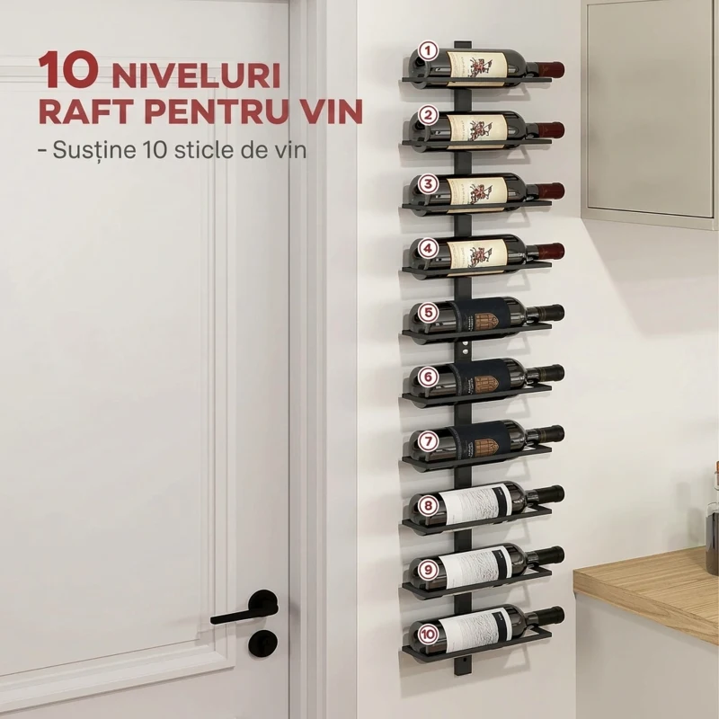 HOMCOM Suport de sticle de perete cu 10 rafturi din oțel, negru, pentru 10 sticle, 27x10x116 cm