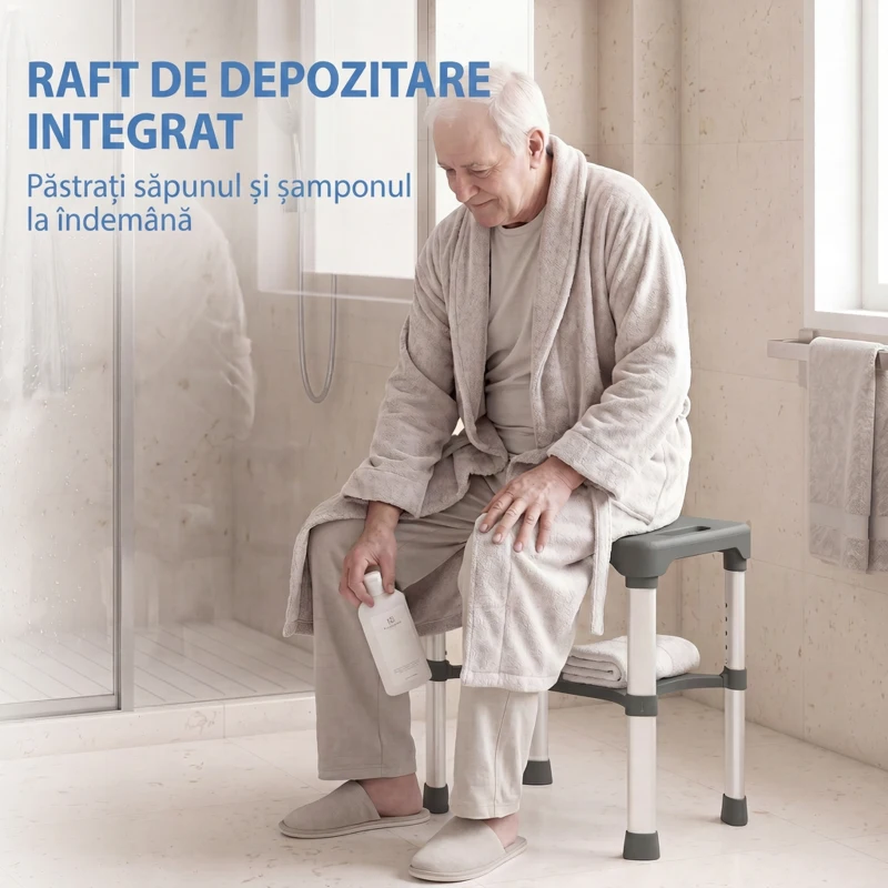 HOMCOM Scaun de Duș din Aluminiu cu Raft Integrat, Înălțime Reglabilă pe 5 Niveluri, Suport 150kg, Gri