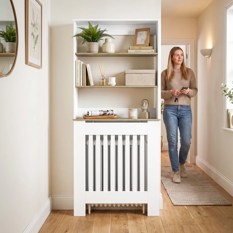 HOMCOM Copritermosifoni a Doghe a 3 Ripiani, Copri Termosifone Moderno in MDF per Soggiorno, 78x19x165 cm, Bianco