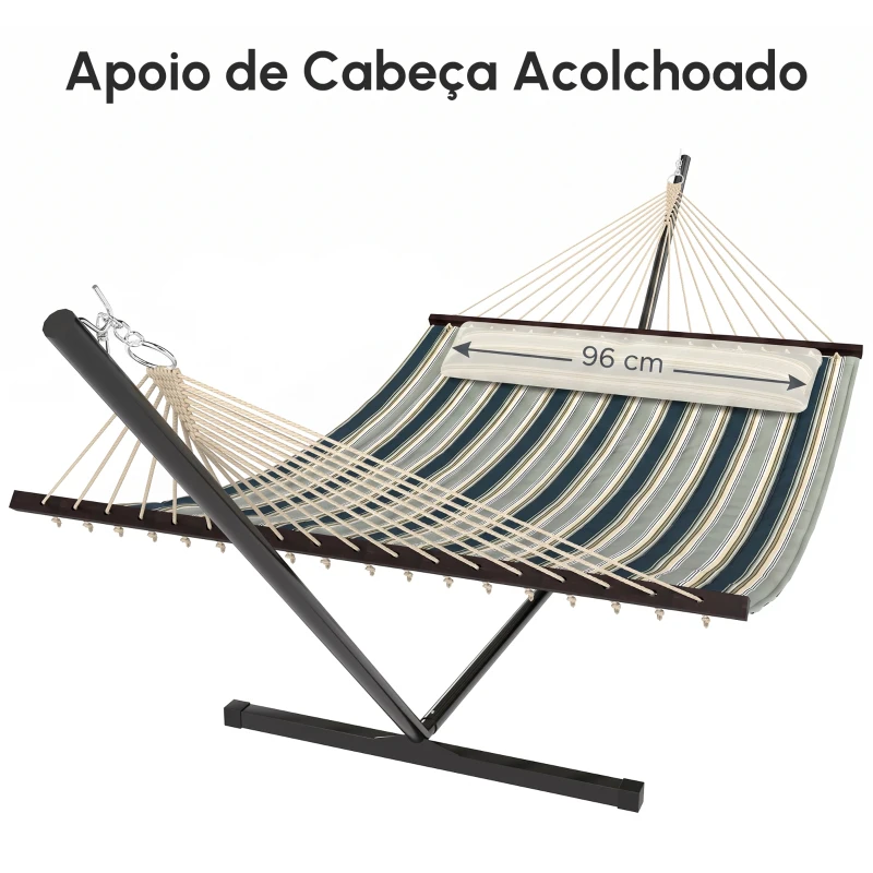 Outsunny Cama Rede com Suporte Portátil Almofada Removível Barras Estabilizadoras Exterior 353x94x115 cm Verde