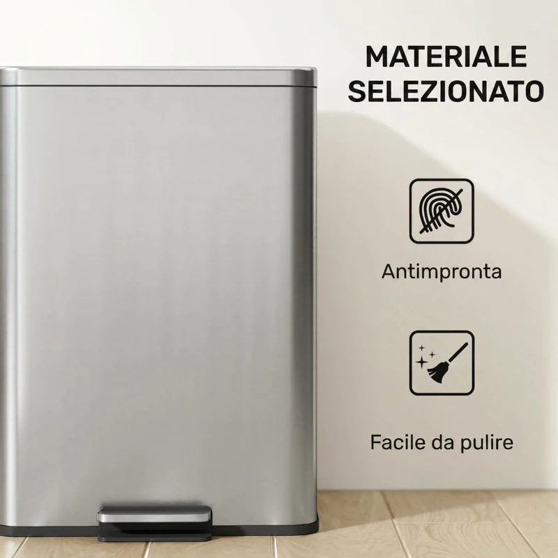 HOMCOM Pattumiera Rettangolare a Pedale 20L in Metallo con Secchio Interno Rimovibile, Chiusura Ammortizzata, Argento