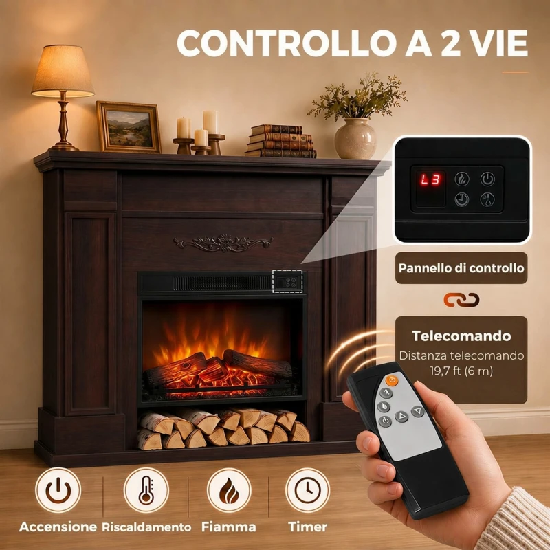 HOMCOM Camino Elettrico da Terra/Incasso con Cornice, 1800W, Effetto Fiamma 3D, Timer, Marrone
