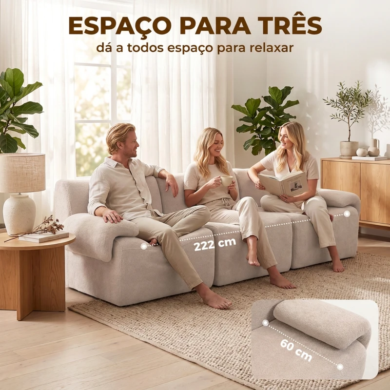 HOMCOM Sofá Modular de 3 Lugares 277 cm em Chenille sem Estrutura, Assento Grosso com Molas, Largo e Profundo, sem Montagem, Bege