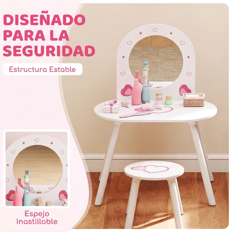 AIYAPLAY Tocador Infantil con Taburete y Espejo Tocador para Niñas con Dibujos de Corazones para Niños y Niñas de 3-6 Años Blanco