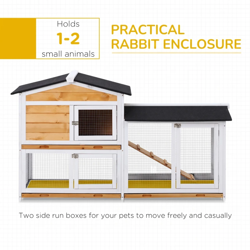 PawHut Rabbit Hutch Guinea Pig Hutch Wooden House with Run, 2 Tier Pet Cage Outdoor with No-leak Plastic Trays, 157.4 x 53 x 93.5cm, Yellow