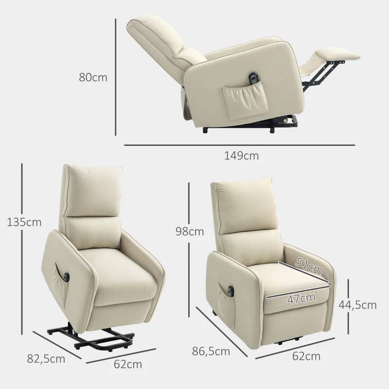HOMCOM Elektrischer verstellbarer Relax-Sessel mit Aufstehhilfe, Leinenoptik-Bezug, Fernbedienung, Sitz mit Federn, Fußstütze, Beige