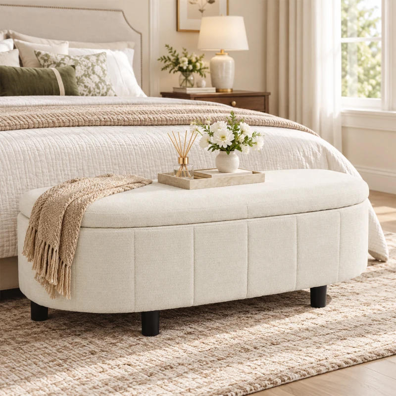 HOMCOM Panca Contenitore Semicircolare in Ciniglia 118x45x44cm, Seduta Imbottita 2 Posti, Coperchio Sollevabile, Crema
