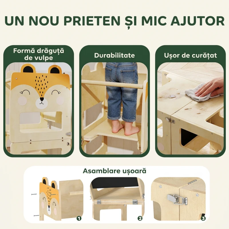 AIYAPLAY Turn Montessori pentru Copii 2-5 Ani cu Tablă și Măsuță, din Lemn, 57x39x93 cm, culoare Lemn
