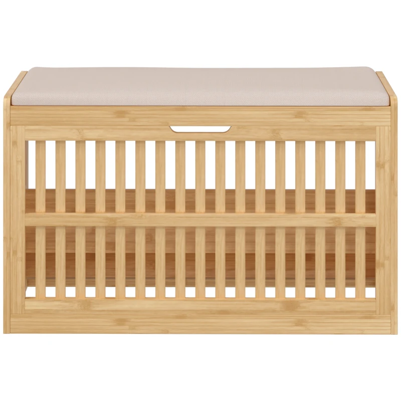 HOMCOM Schuhbank mit Sitzfläche, Bambus Schuhregal mit belüftete Kippaufbewahrung Verstellbare Ablage Sitzkissen 80 x 30 x 48cm
