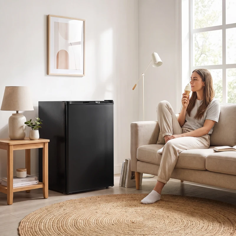 HOMCOM Mini Congelador Bajo Encimera 84,8 L Silencioso con Puerta Reversible Temperatura Ajustable 2 Estantes Extraíbles Negro