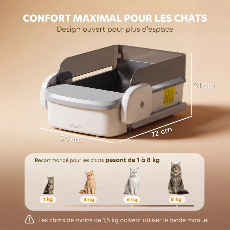 PawHut Litière Chat Autonettoyante Design Ouvert avec Râteau Contrôle TUYA Sécurité Anti-Pincement Bac 10L 72x54x31cm Gris