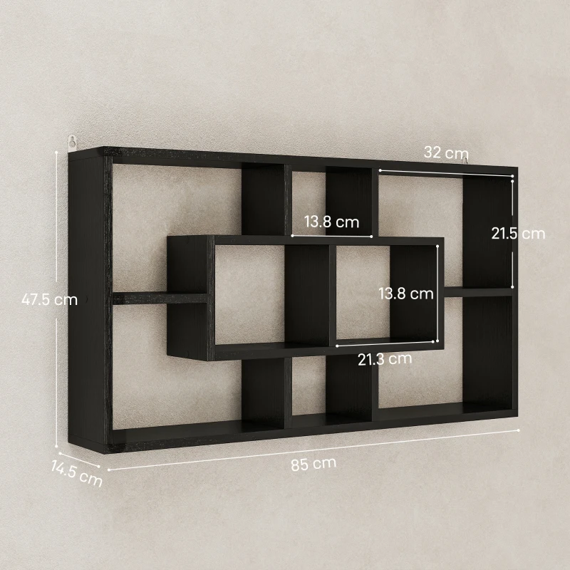HOMCOM Etajeră de Perete cu 8 Compartimente, 85 x 14,5 x 47,5 cm, Lemn, Negru