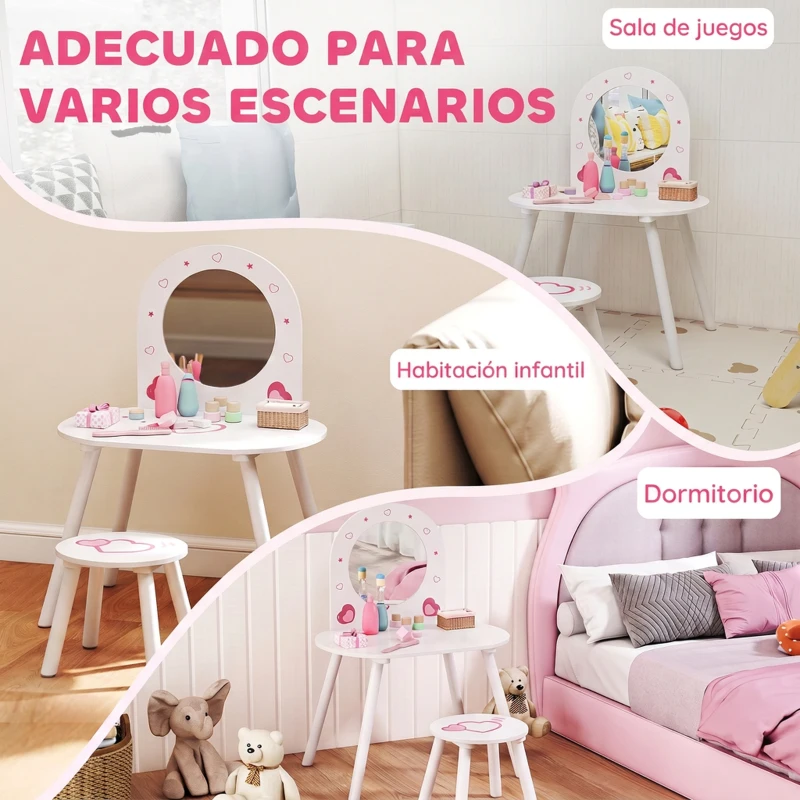 AIYAPLAY Tocador Infantil con Taburete y Espejo Tocador para Niñas con Dibujos de Corazones para Niños y Niñas de 3-6 Años Blanco