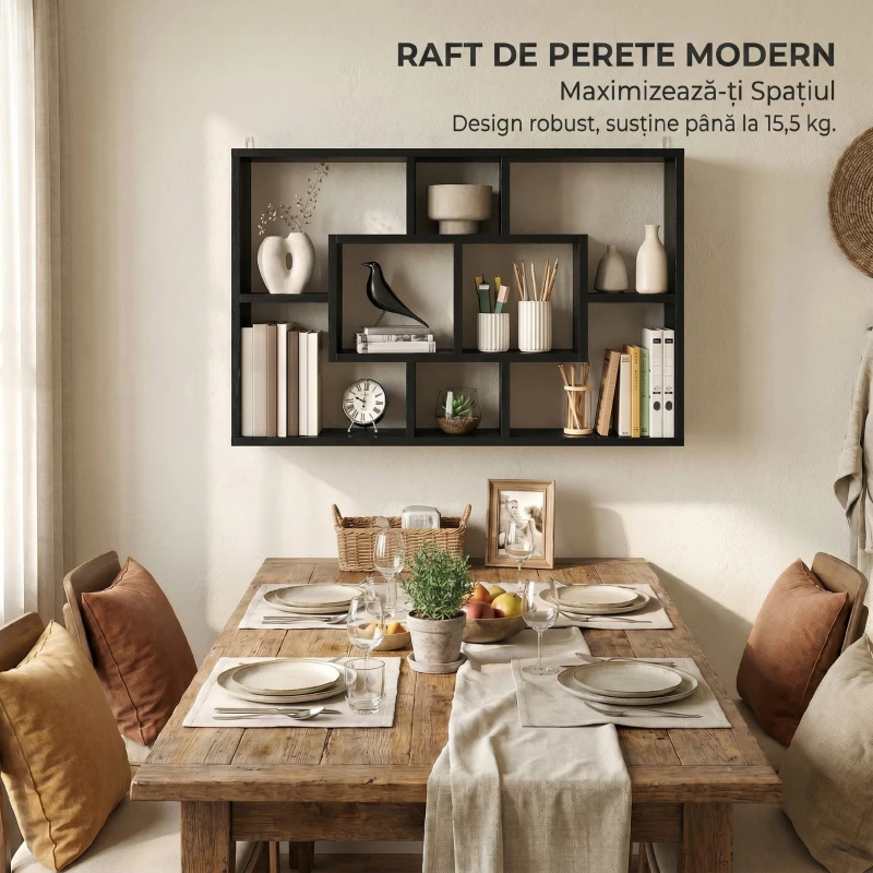 HOMCOM Etajeră de Perete cu 8 Compartimente, 85 x 14,5 x 47,5 cm, Lemn, Negru