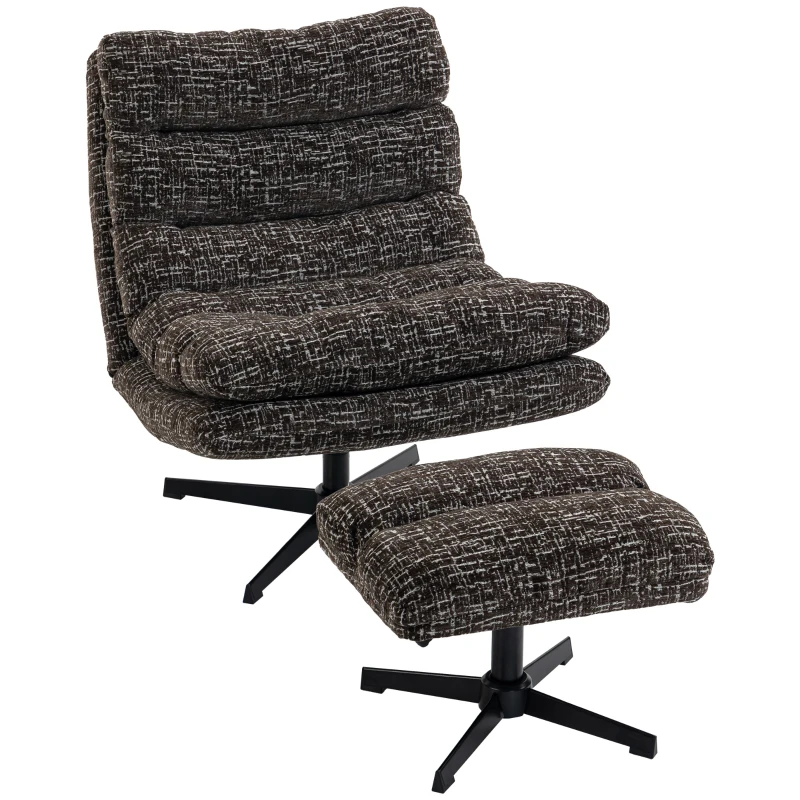 HOMCOM Sessel mit höhenverstellbarem Fußhocker 360° drehbarer Chenille-Lesesessel Breiter Sitz Dicke Polsterung Grau