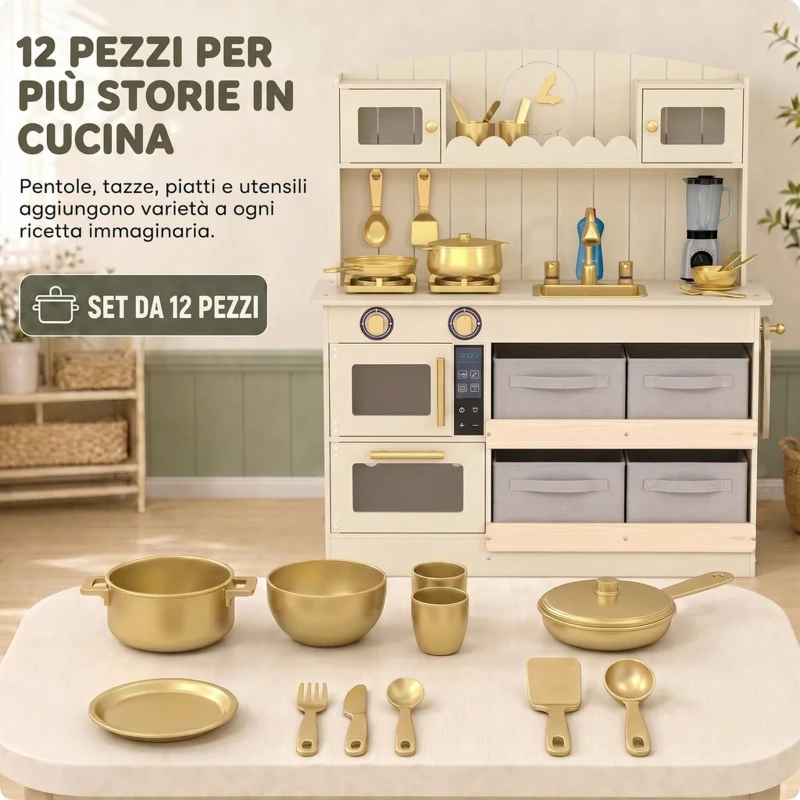 AIYAPLAY Cucina Giocattolo per Bambini in Legno con Luci e Suoni, 4 Cassetti in Tessuto, 12 Accessori, Regalo, 3-6 Anni