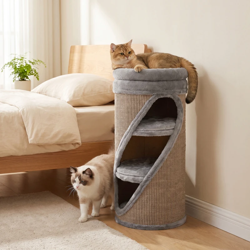PawHut Kattenkrabton 75 cm hoog, Ø 35 cm, 4 niveaus, met 3 schuilplaatsen, afneembaar wasbaar pluche bed en sisal kraboppervlak