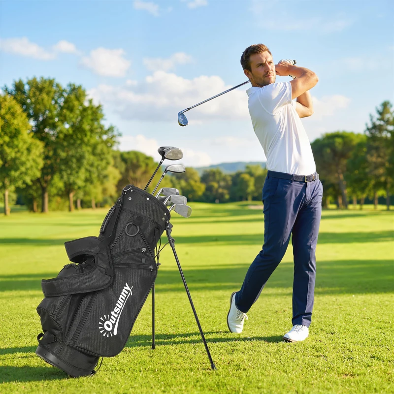 Outsunny Golf Stand Bag 6 Way Full-Length Dividers, Waterproof Golf Bag with 5 Pockets, Black