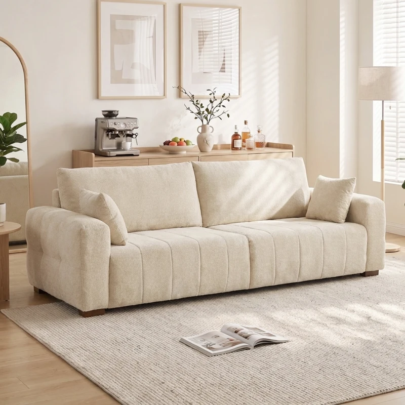 HOMCOM 3-Sitzer Sofa mit bodentiefen Armlehnen gepolsterte Wohnzimmercouch Holzbeine Cremeweiß