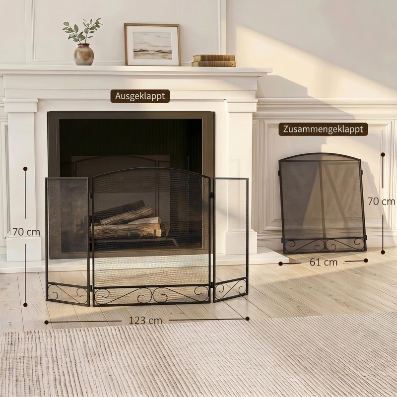 HOMCOM Kaminschutzgitter, faltbarer 3-teiliger Funkenschutz aus Metall für Wohn- und Schlafzimmer, 123 x 70 cm, Schwarz