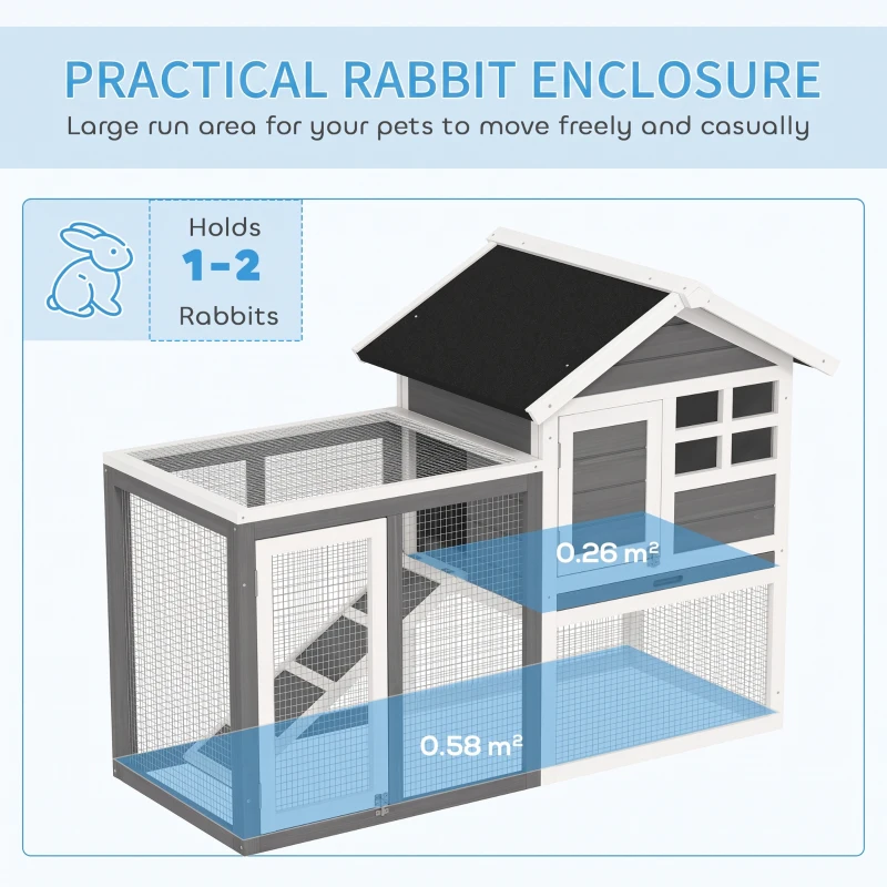 PawHut Rabbit Hutch Outdoor Wooden Guinea Pig Hutch Rabbit Run Bunny Cage Small Animal Cage Pull-Out Tray, Grey, 124 x 63 x 93 cm