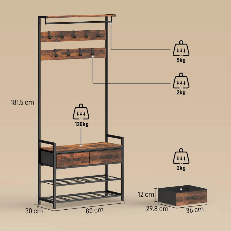 HOMCOM Cuier de Podea 5 în 1, 181,5 cm, cu Bancă și Suport pentru Încălțăminte, 10 Cârlige, Metal, Maro Rustic