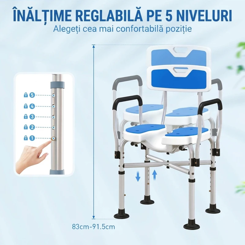 HOMCOM Scaun de Duș cu Șezut Canelat, Înălțime Reglabilă și Picioare Antiderapante, Albastru