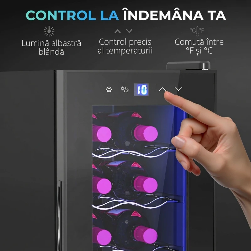 HOMCOM Frigider pentru 12 sticle cu Control Dublu al Temperaturii, Rafturi Reglabile și Iluminare, Negru