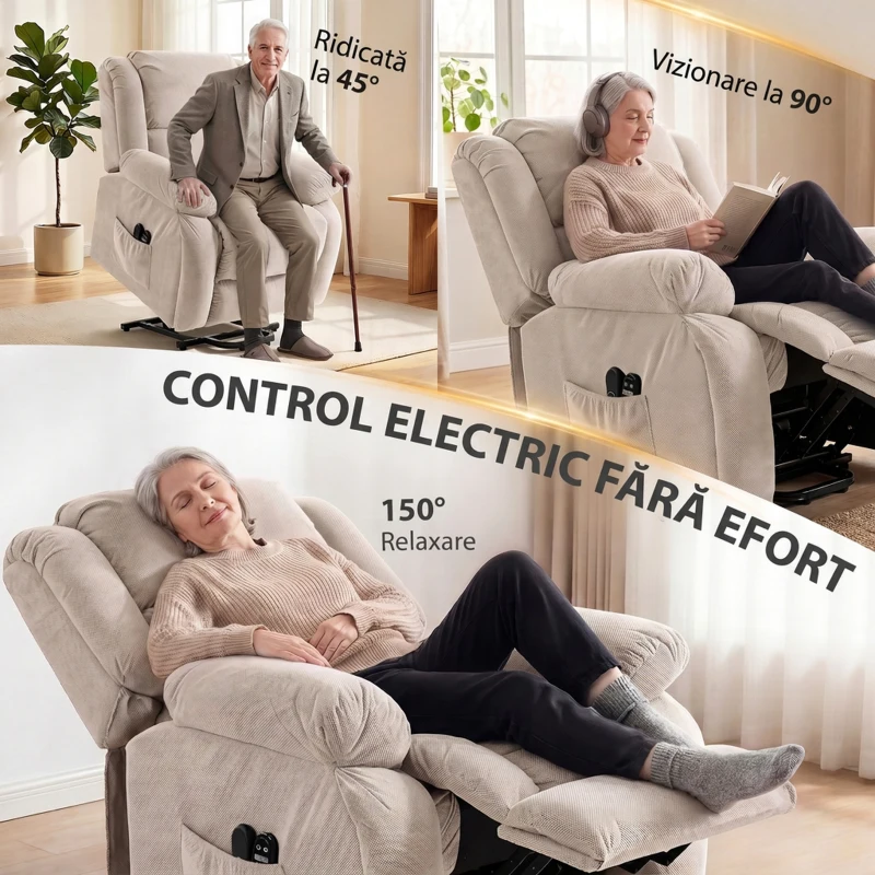 HOMCOM Fotoliu Electric de Ridicare 150°, Șezut Lat, Masaj, Încălzire, Catifea, Bej