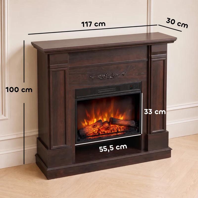 HOMCOM Cheminée électrique au sol/encastrable avec cadre et tablette pour TV 140 cm, 1800W, Effet flamme 3D, Minuterie, Marron