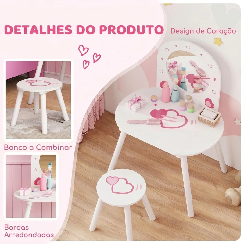 AIYAPLAY Penteadeira Infantil com Banco e Espelho, para Meninas, com Desenhos de Corações, para Crianças de 3-6 Anos, Branca