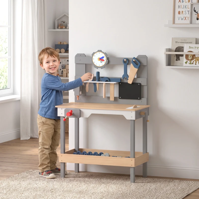 AIYAPLAY Banco da Lavoro per Bambini in Legno con Set di Attrezzi 15 Pezzi, Orologio, Lavagna, Ripiano, 3-6 Anni, Grigio