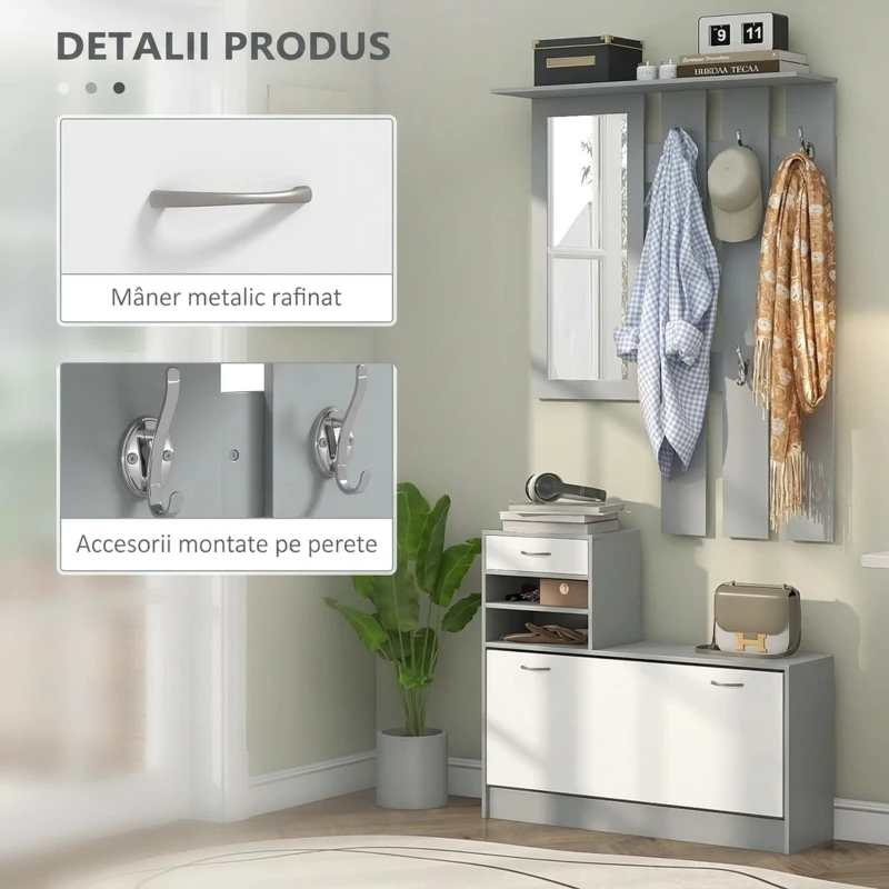 HOMCOM Suport mobil pentru haine 3 în 1 cu raft pentru încălțăminte și oglindă, cârlige și sertare, din lemn, 90x10x102 cm, alb și gri