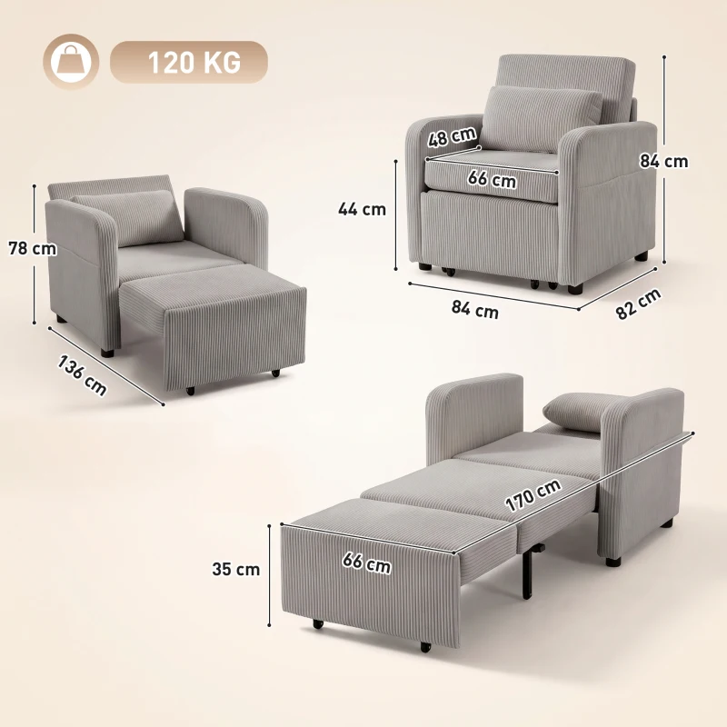 HOMCOM Schlafsessel für 1 Person, 3-in-1, Leinenoptik, verstellbare Rückenlehne, abnehmbares Kissen, für Wohnzimmer, Schlafzimmer, Grau