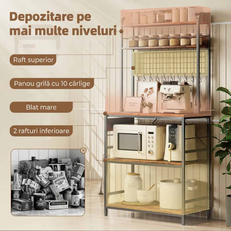 HOMCOM Raft de Bucătărie cu Stație de Alimentare și Rafturi Reglabile, Raft pentru Cuptor cu Microunde 5 Nivele cu Panou de Grilaj și 10 Cârlige, Dulap Vintage Structură din Oțel, 80x40x170 cm, Maro Rustic