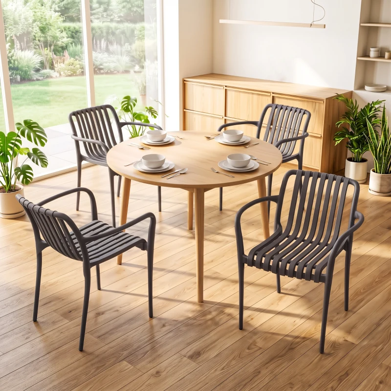 Outsunny Gartenstühle 4er Set Stapelbare Terrassenstühle mit Lamelldesign Armlehnen, Ergonomisch Dunkelgrau