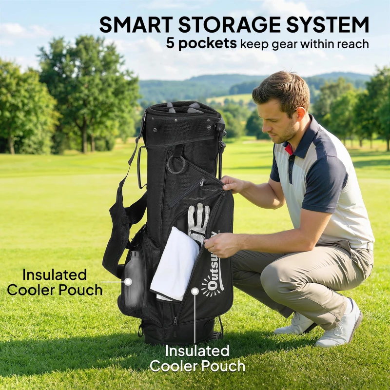 Outsunny Golf Stand Bag 6 Way Full-Length Dividers, Waterproof Golf Bag with 5 Pockets, Black