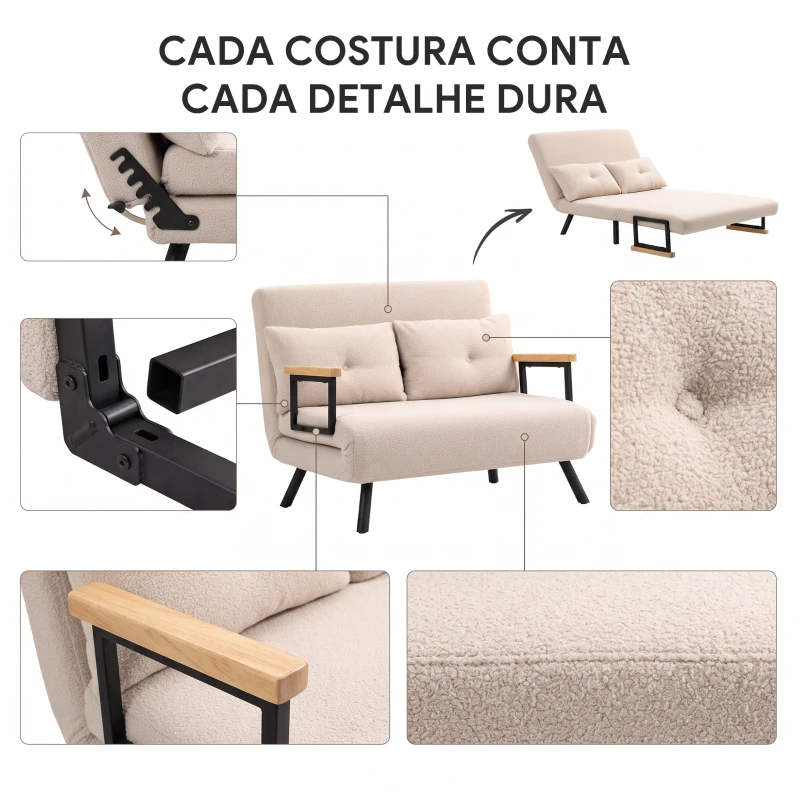 HOMCOM Sofá Cama Convertível 2 Lugares Dobrável com Encosto Ajustável em 5 Níveis e 2 Almofadas 102x73x81 cm Bege Creme