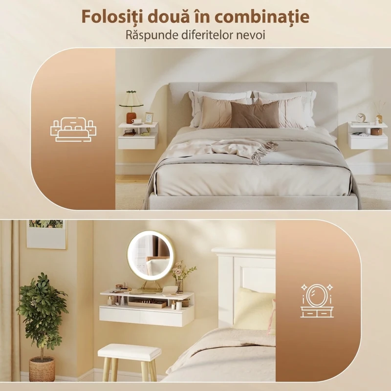 HOMCOM Set de 2 Noptiere Suspendate cu Sertar și Raft Deschis, 35x32x22,5 cm, Alb
