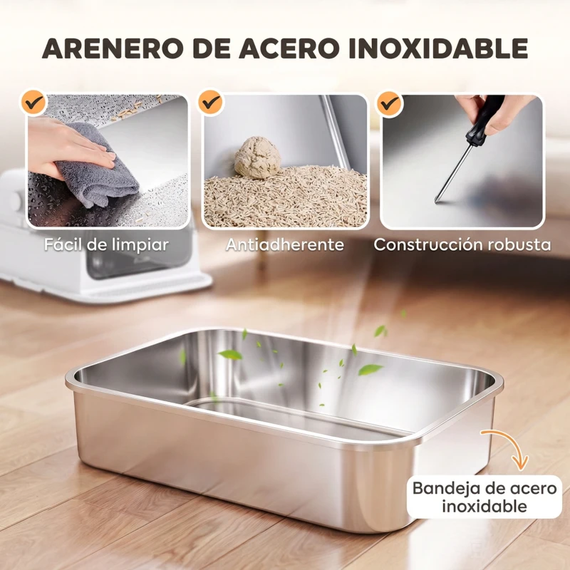 PawHut Arenero para Gatos de Acero Inoxidable XXL con Tapa Extraíble 3 en 1 Borde Alto Pedal Pala Diseño Desmontable Blanco