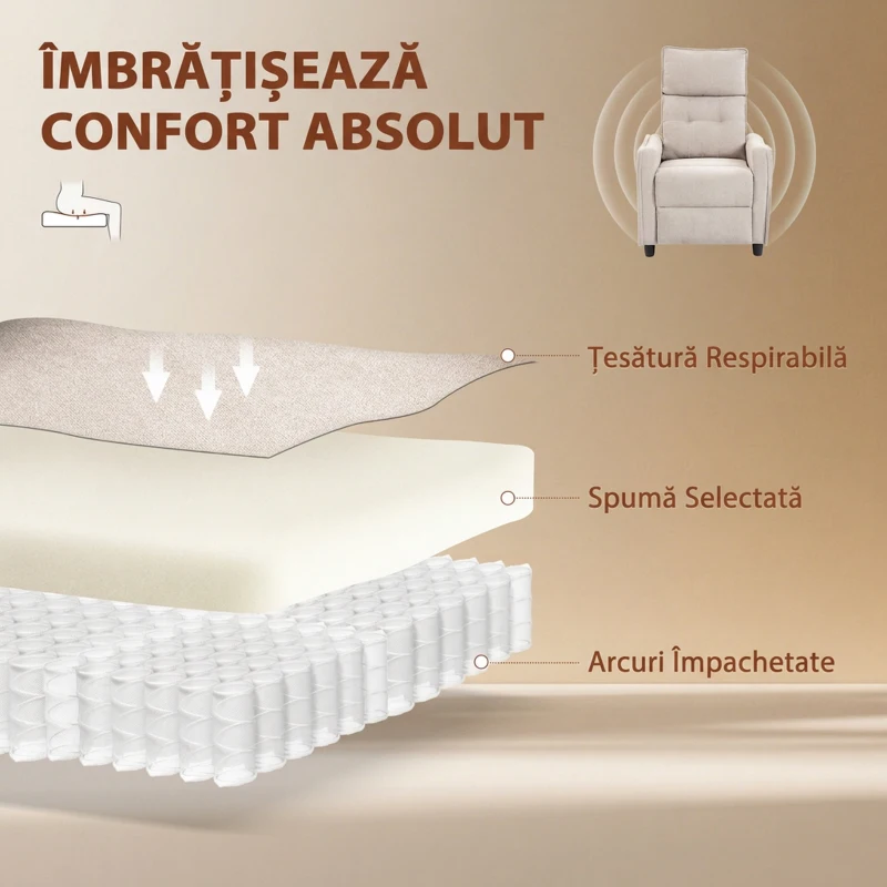 HOMCOM Fotoliu Masaj Reclinabil Manual din Material Textil Tip In cu Telecomandă, Crem