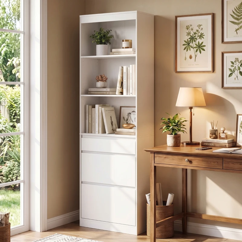 HOMCOM Bookcase with Drawers Adjustable Shelves Book Shelf for Study Living Room White