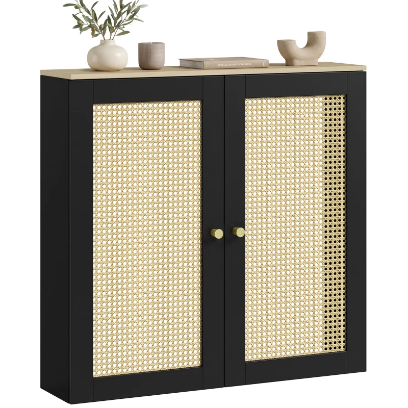 HOMCOM Cache-radiateurs avec 2 portes en rotin Cache-radiateur Couverture pour radiateur pour Salon Chambre 78x19x75 cm Noir