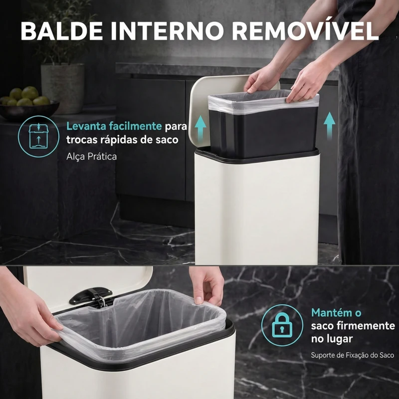 HOMCOM Caixote do Lixo de Cozinha 20 L em Aço Galvanizado com Tampa de Fecho Suave, Pedal, Balde Interior Amovível e Acabamento Anti-impressões Digitais Creme