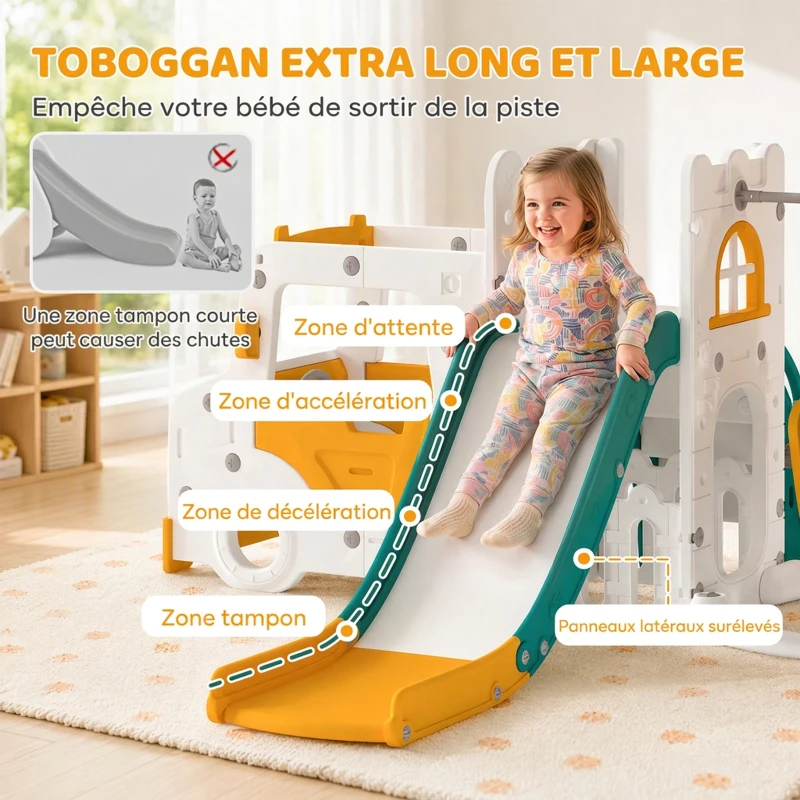 AIYAPLAY Ensemble Toboggan et Balançoire 7 en 1 pour Enfants, Aire de Jeux Intérieure, Thème Voiture, pour 1-4 Ans, Blanc