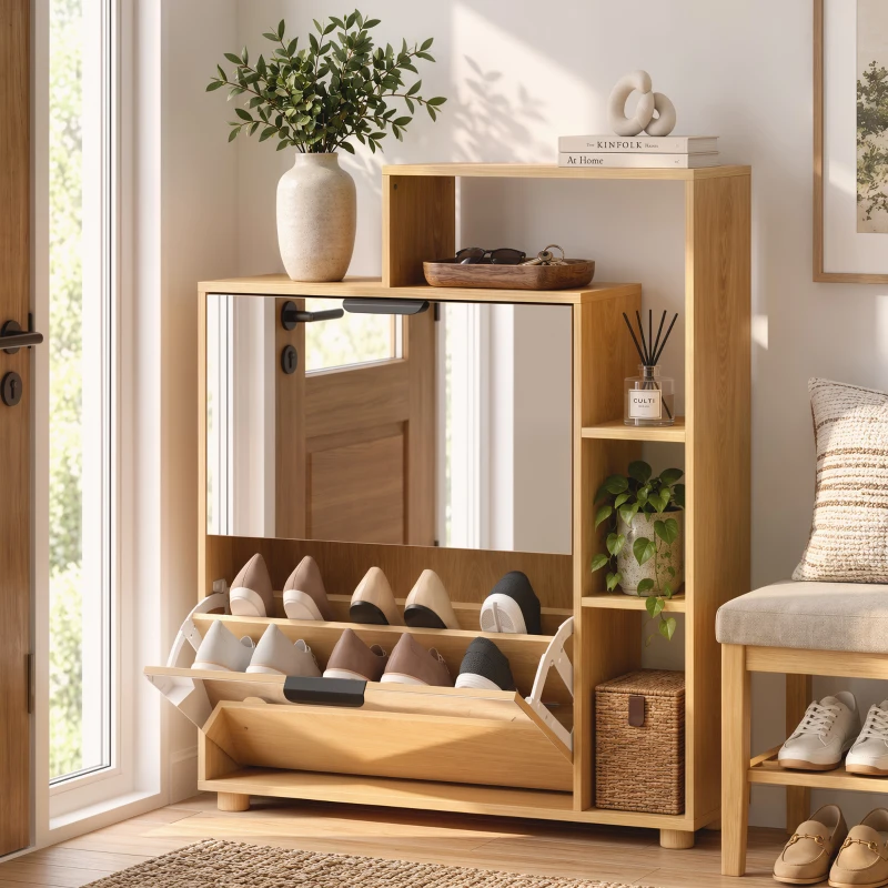 HOMCOM Schuhschrank 10 Paar, Schuhschrank, Spiegeltür, 2 Klappfächer und offene Fächer, Eiche