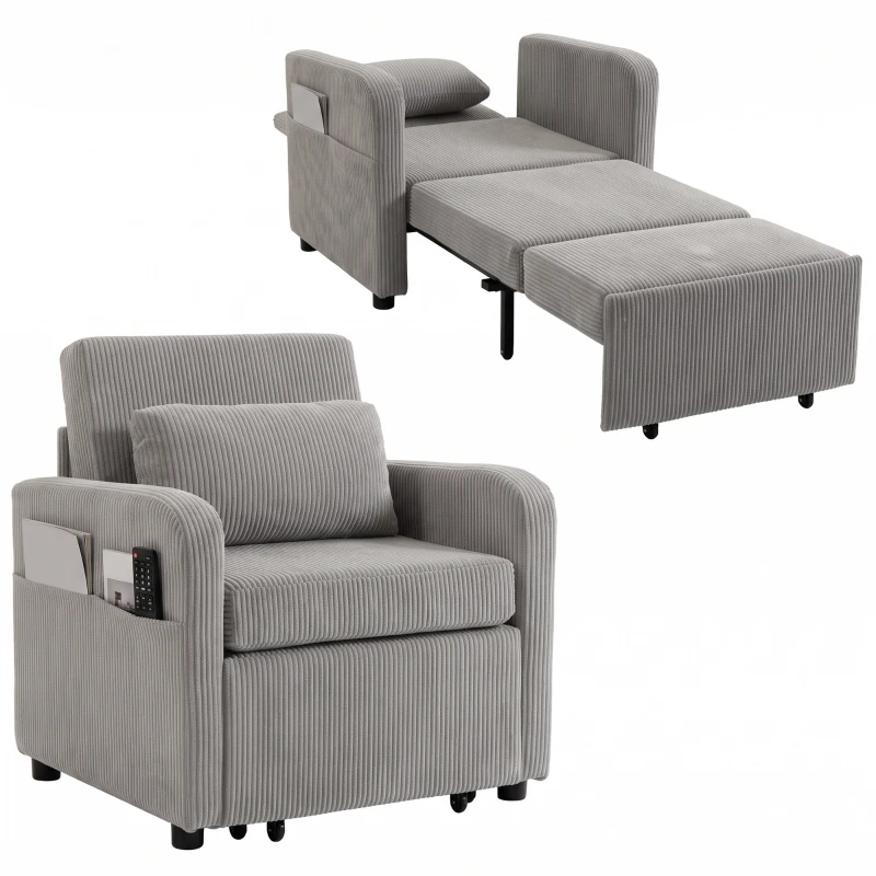 HOMCOM Schlafsessel für 1 Person, 3-in-1, Leinenoptik, verstellbare Rückenlehne, abnehmbares Kissen, für Wohnzimmer, Schlafzimmer, Grau
