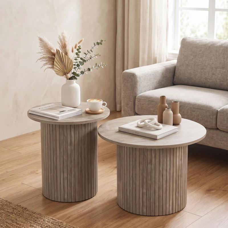 HOMCOM Lot de 2 Tables Basses Rondes en Bois, Table d'Appoint Moderne avec Base en Colonne Cannelée, Effet Bois Café Vieilli